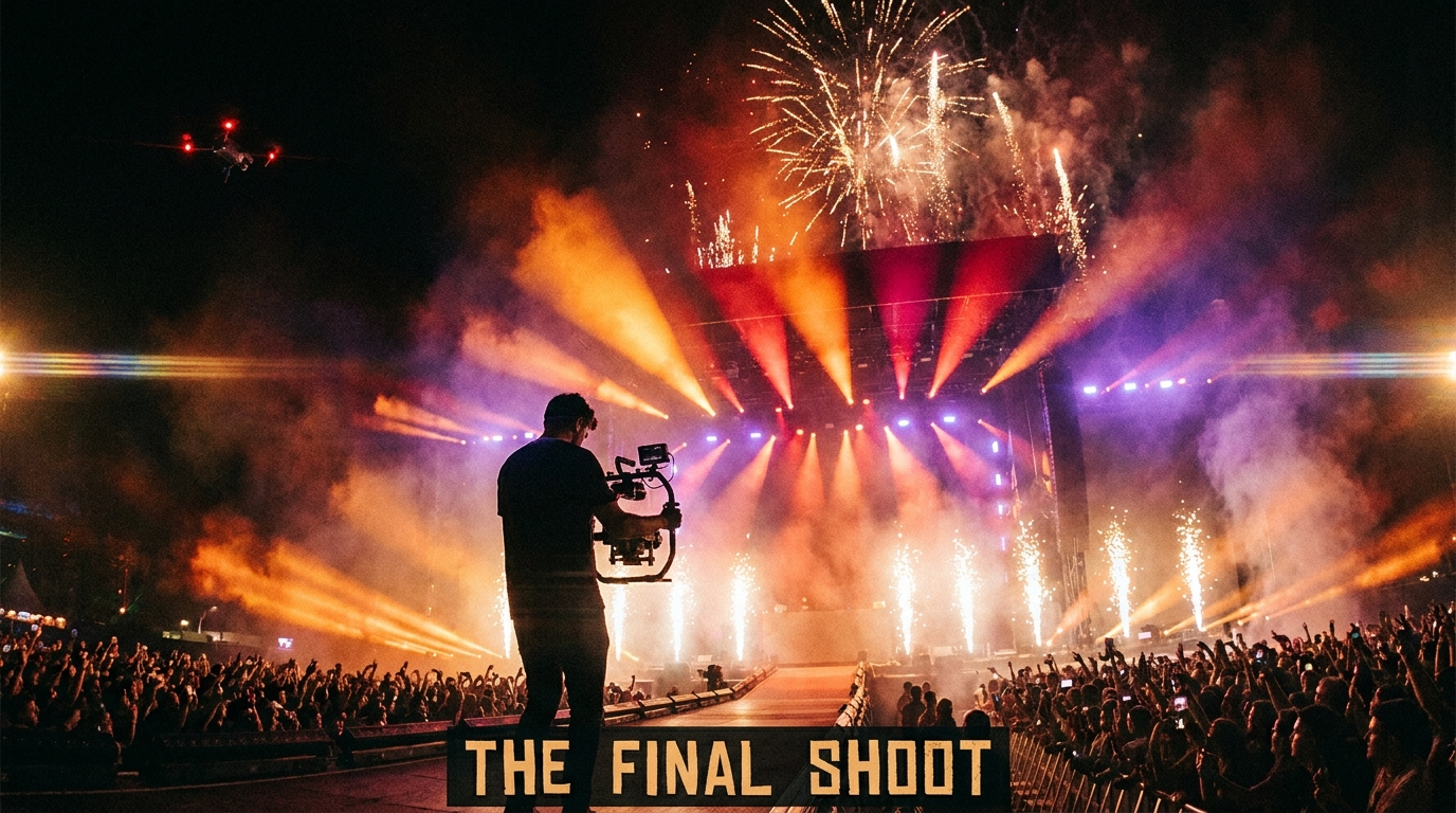 A filmmaker silhouetted against an epic event stage with lights and fireworks