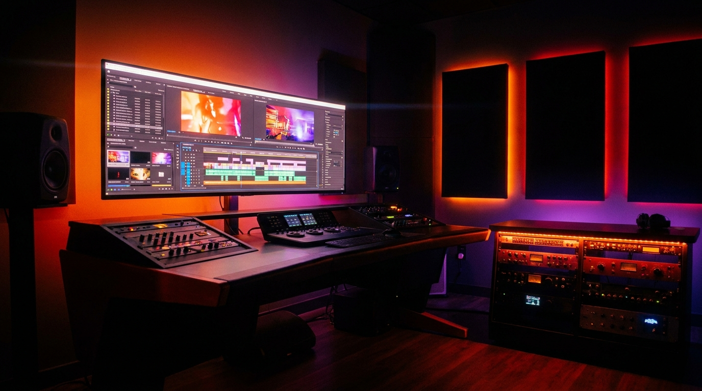 A professional edit suite at night with a glowing timeline