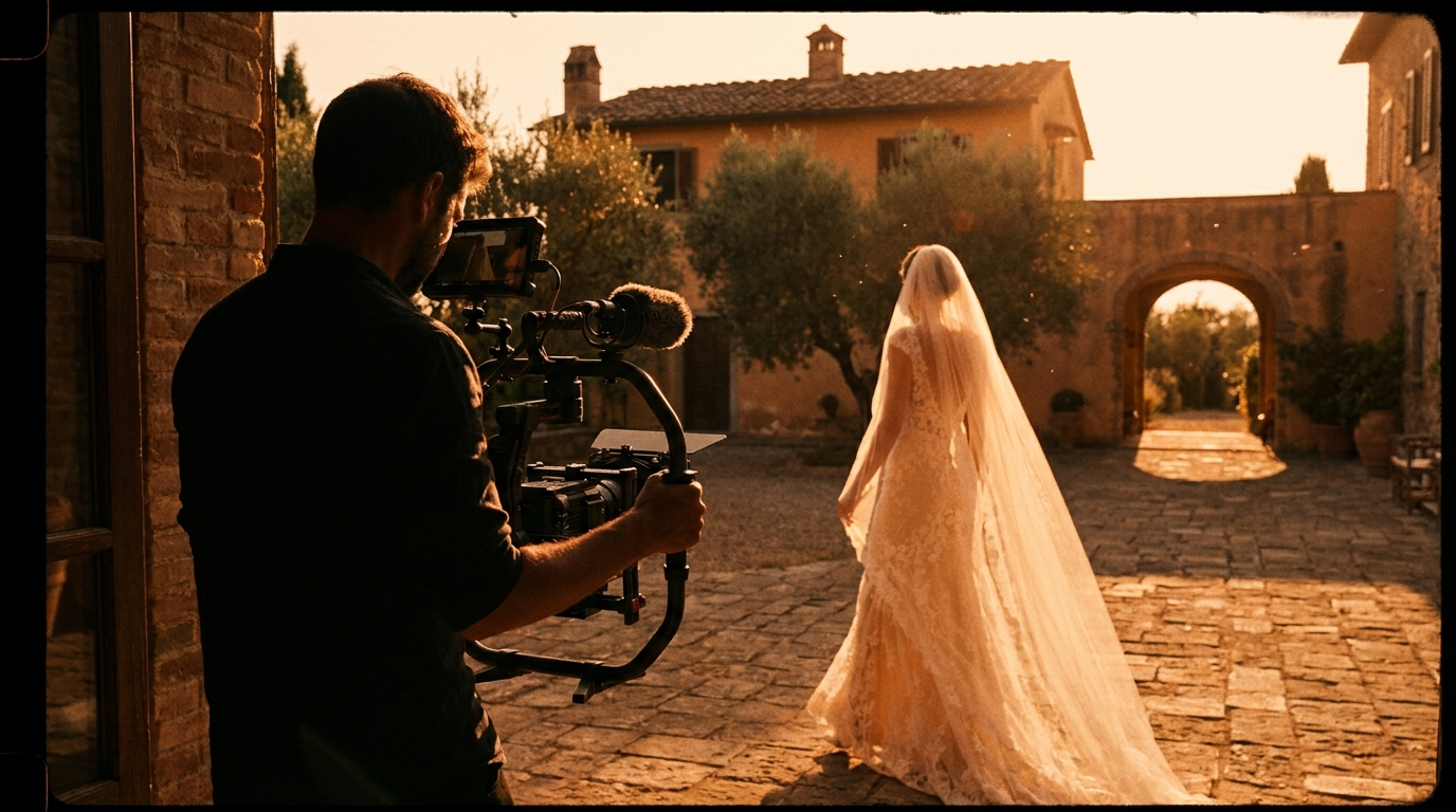 A wedding videographer filming a bride in golden light